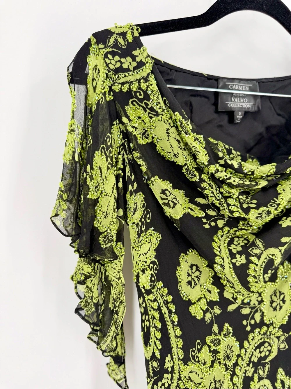 Carmen Marc Valvo Collection Sheer Paisley Mesh Cowl Neck Top Black Green - Picture 3 of 8